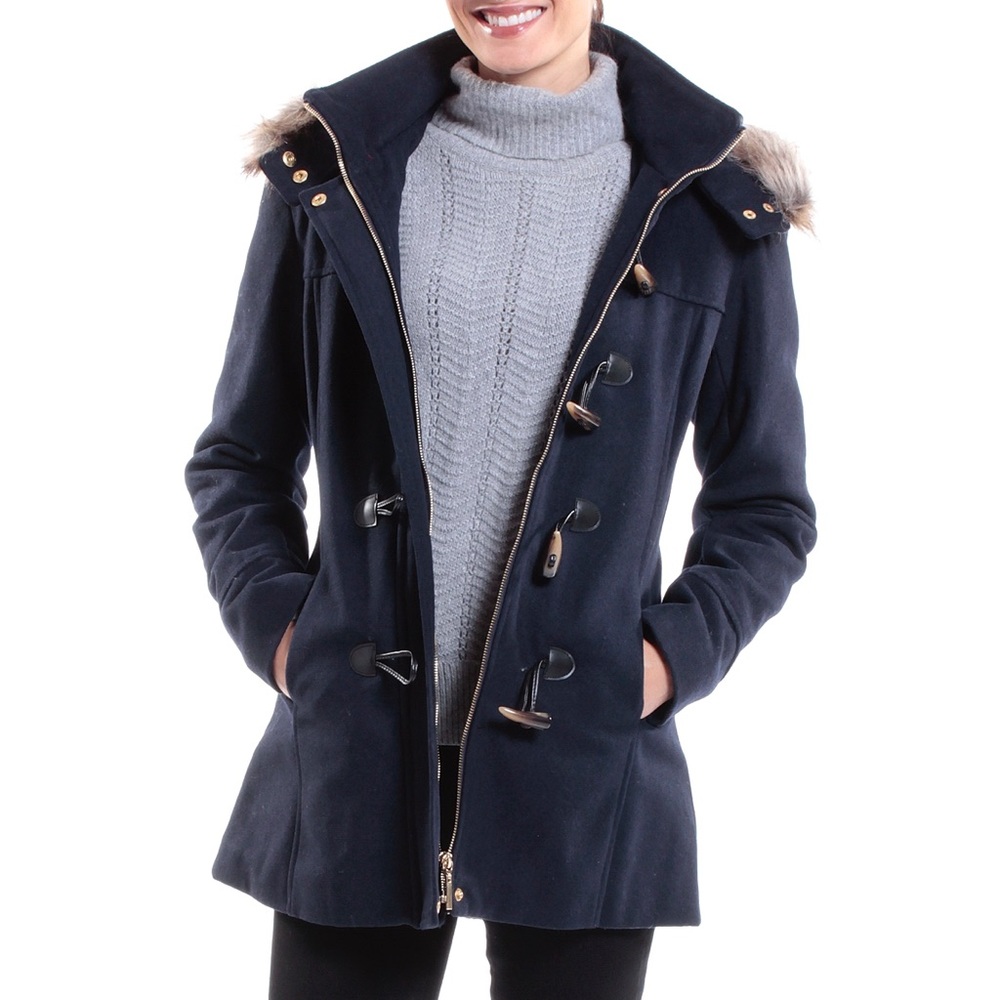 Designer Alpine Swiss wool navy blue jacket coat medium fur hood toggle nwt